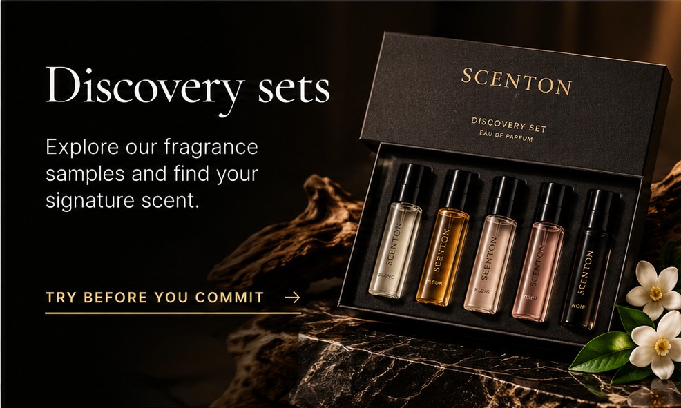 Discovery sets: a black Scenton box holding five sample vials of eau de parfum