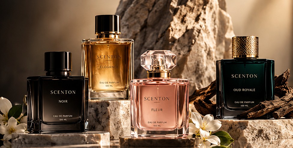 Scenton Noir, Élégance, Fleur and Oud Royale eau de parfum bottles on stone podiums with jasmine and oud wood
